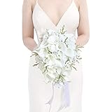 INSUNSIX Bride Bouquets for Wedding,11 Inch White Calla Lily Cascading Bridal Bouquet Silk Flowers for Ceremony Anniversary Wedding Bridal Shower(Natural Whites)
