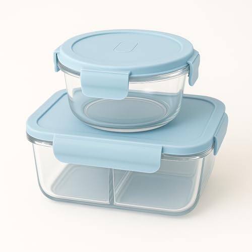 Image of Borosilicate Lunch Box Set of Airtight & Leak-Proof Tiffin Box for Office, School, Men & Women (Light Blue Colour) (Light Blue, 580 and 400 ml)