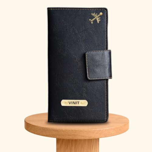 Image of Customized Travel Wallet with Name Engrave | Personalised Passport Holder for Women | Customised Passport Cover for Men and Women | Travel Organizer Gift Wallet (Black)