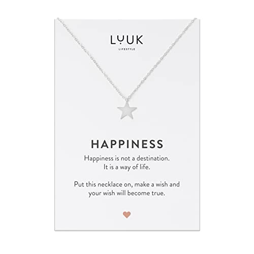LUUK LIFESTYLE Halskette aus Edelstahl mit Stern Anhänger mit HAPPINESS Spruchkarte, 50cm verstellbar, wasserfest, Geschenksidee, Weihnachten, Glücksbringer, minimalistisches Modeaccessoire, Gold