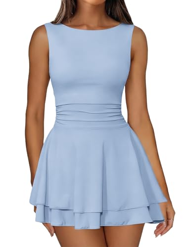 Image of IWD Women's Boat Neck Sleeveless Mini Dress Ruched Waist Flowy Tiered Ruffle Hem A Line Party Short Dresses