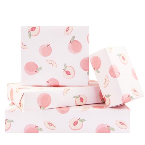 Boerni Peach Wrapping Paper - Fruit Print on Pink Gift Wrap Paper, 4 Sheet Fresh Peaches Design For Women Men Baby Shower Summer Holiday Birthday Gift Wrap - (4-Sheets, 1-Designs: 15 sq. ft. ttl)