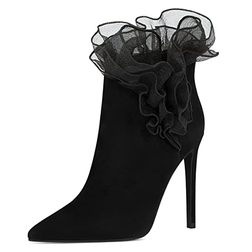 FSJ Women Cut Silk Flowers Pointed Toe High Heels Ankle Booties Stiletto Heeled Slip On Faux Suede Evening Party Dress Ruffle Boots Size 4-15 US - Main Image