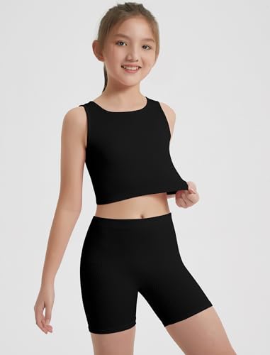 Image of EXARUS Girls 2 Piece Outfits Seamless Ribbed Cropped Tank Top Shorts Set | Teen Two Piece Outfit Tween Summer Dance Vacation Yoga Crew Neck Youth Athletic Workout Set Kids High Waist Elasticity 6-14Y