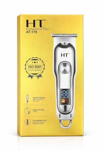 Image of AT-179 Rechargeable Hair Clipper, Golden, T-Blade Design, LED Display, Turbo Mode, with 3 Comb Attachments
