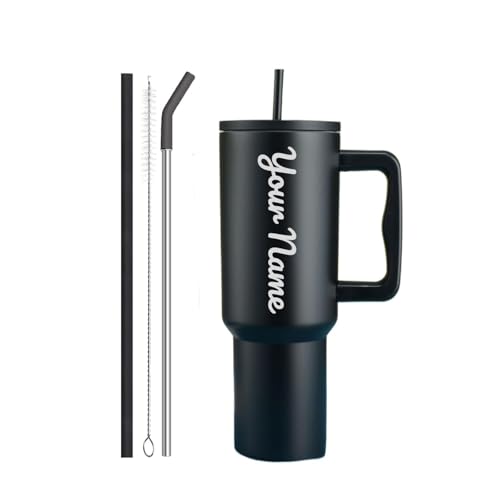 Image of SKDBPM Personalized Stainless Steel Tumbler with Handle, 1200ml Capacity, Black Insulated Travel Mug with Straw, Custom Name Design (Black (3rd Generation))