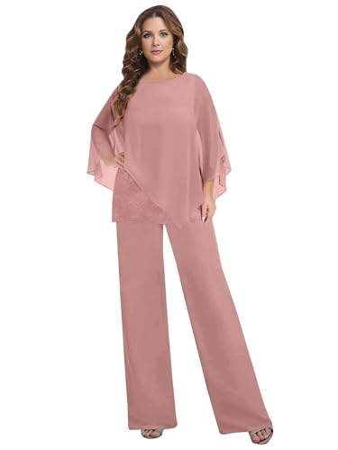 BANTRATIC Dressy 2 Piece Mother of The Bride Pantsuits for Women Chiffon Cape Formal Guest Evening Prom Cocktail Pant Outfit