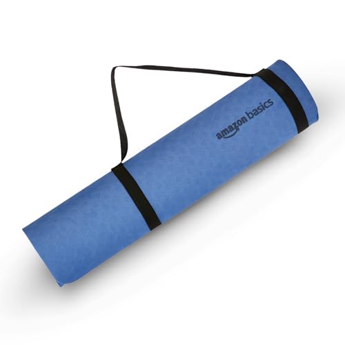 Image of Amazon Basics TPE Yoga & Exercise Mat | 6 mm Thick | Non-Slip Grippy Surface | Lightweight & Durable Rubber-Like Material | Floor Protection | Ideal for Yoga, Pilates, Stretching & Fitness | 180 x 61 cm | Dark Blue