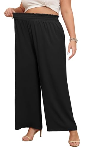 Lastshe Women's Plus Size Wide Leg Pants Elastic Waist Hide Drawstring Loose Work Pants Palazzo Trousers with Pockets4