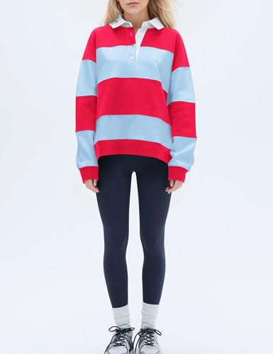 Women Striped Rugby Polo Sweatshirt Oversized Color Block Lapel Collar Long Sleeve Pullover Shirt Y2k Fall Clothes4