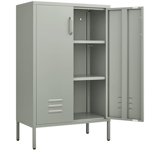 IRONFFICE Metal Cabinet,Entryway Storage Cabinets with Adjustable Shelves,Metal Locker Cabinet for Classroom,Living Room,Grey Green