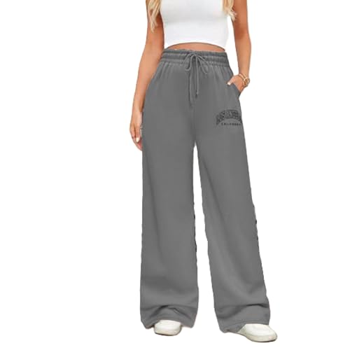 Image of Want Clothing Womens Wide Leg Jog Bottoms Joggers Fleece Lined Straight Flare Comfy Plain Sport Logo Badge Casual Lounge Wear Sweat Pants (UK, Alpha, S, M, Regular, Regular, Grey - LA Logo)