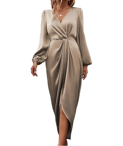 Sexyshine Women's Wrap V Neck Long Sleeve Satin Midi Dress Split ...