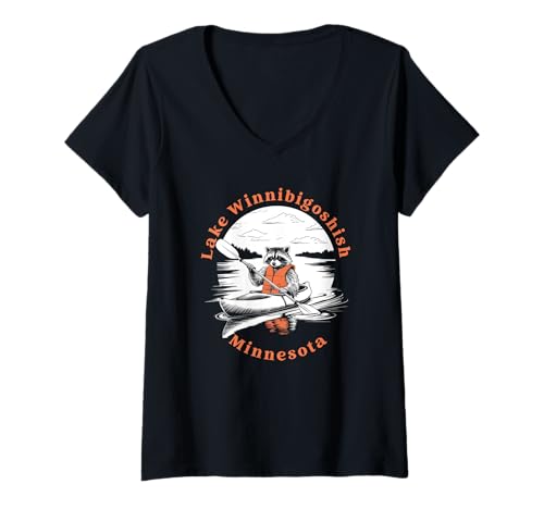 Womens Lake Winnibigoshish Kayaking Raccoon V-Neck T-Shirt