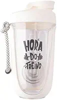 Coqueteleira Shakeira Whey para Academia e Treino com Misturador e Alça Esfera Mola Frase Hora do Treino 550 Ml (Branco)