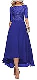 junytDing Tea Length Mother of The Bride Dress with Sleeve Lace Applique Chiffon Formal Evening Party Gowns for Women LD0095 Royal Blue 14