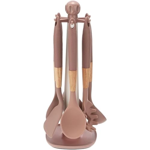 KuBen 料理セット シリコン スパチュラ キッチン用品 セット キッチンセット 台所用品 耐熱 耐久性 抗菌 傷つかない 食洗機対応 調理器具 収納スタンド付き料理器具 一人暮らし キッチンツールセット (ブラウン)