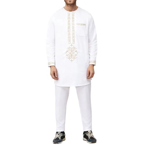 Thobe homme brodée blanche avec chapeau kufi inclus en taille M