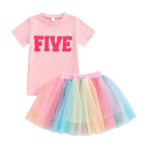 Gureui 5 Year Old Toddler Girl Birthday Outfit 5 Print Short Sleeve Shirt 5th Tutu Skirt Summer Clothes
