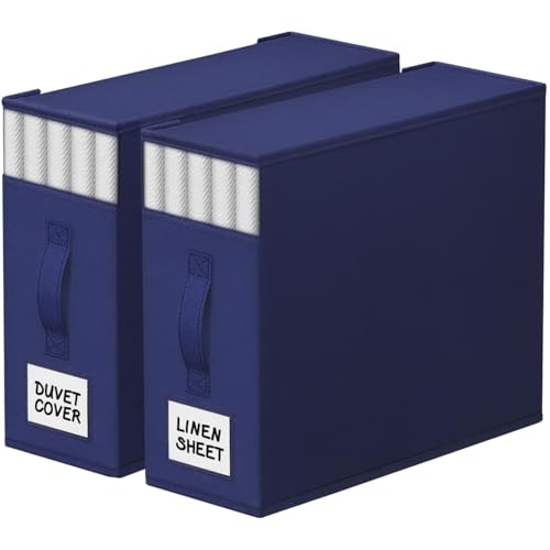 Image of StorageTastic 2 Pack Bed Sheet Closet Organizers and Storage,Sturdy Foldable Storage Containers with Window and Label,Storage and Organization for Bedding Sheets,Duvet Covers,Blankets (Blue)