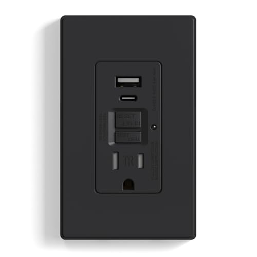 ELEGRP GFCI Outlet with USB Ports, 15 Amp Self-Test GFCI Combination with USB Ports, 24W Max Total Output, Tamper Resistant GFCI USB Outlet with Wall Plate, UL Listed, Matte Black, 1 Pack