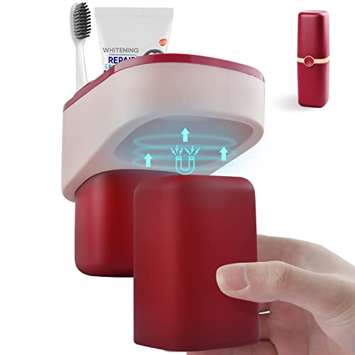 歯ブラシスタンド 歯ブラシホルダー コップスタンド 磁気コップ吸着 壁掛け 歯ブラシケース収納機能 携帯便利 洗面台収納 (赤)