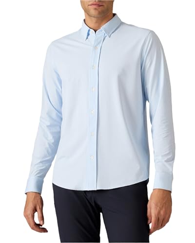 Rhone Men's Commuter Shirt, Performance Dress Shirts for Men, Machine Washable, Wrinkle Resistant, Slim Fit Button Down Shirt, Blue Stripe, L