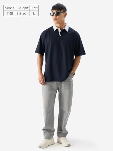 Image of The Souled Store Solid: Navy Blue Men and Boys Short Sleeves Collared Neck Cotton Oversized Polos