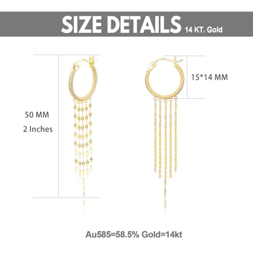 14k Gold Diamond-cut Hoop Tassel Earrings for Women, Real 14 Karat Gold Dangle Earrings for Her3