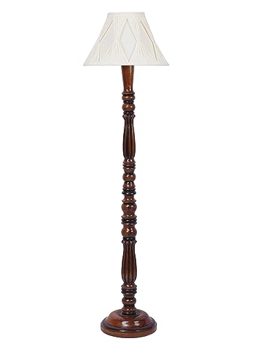 Image of Curtain Pleated Off-White Cotton Floor Lamp with Wooden Base - Height 53 Inches | Elegant Standing Lamp for Living Room, Bedroom & Office | Stylish Home Decor & Lighting