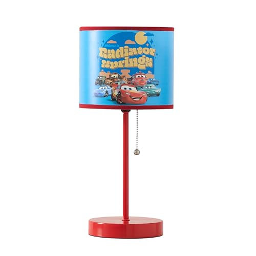 Idea Nuova Table Lamp for Kids Stick Lamp with Printed Shade & Pull Chain Bedroom or Nursery Nightstand Lighting Cars