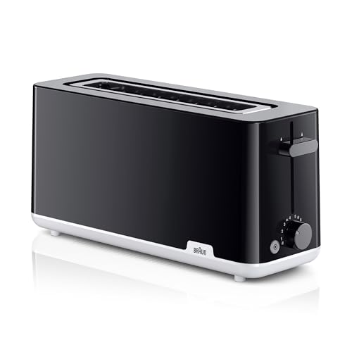BRAUN Breakfast Series 1 Toaster HT1110BK Long Slot Toaster Removable Crumb Tray Warming and Defrosting Function 8 Browning Levels Integrated Bun Warmer 1030 Watt Black