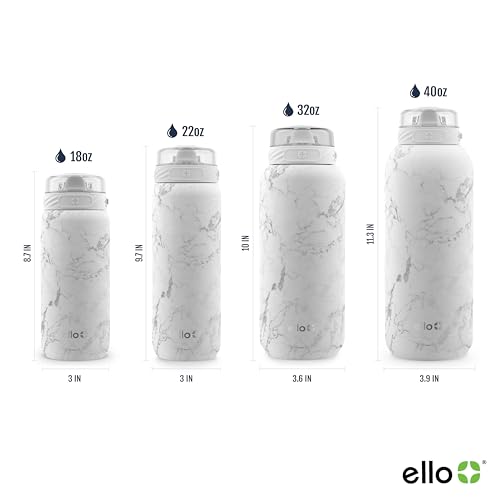 Image of Ello Cooper 22oz Stainless Steel Water Bottle with Straw and Carry Handle, Double Walled and Vacuum Insulated Metal, Leak Proof Locking Lid with Soft Silicone Spout, Reusable, BPA Free, White Marble