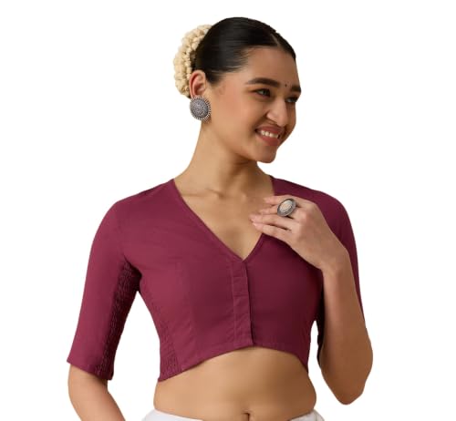 Image of Studio Shringaar Women's Thick Handloom Cotton Plain Side Stretch (Smocked) Readymade Saree Blouse