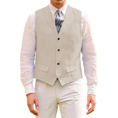 Men Suit Vest Linen Slim Fit Lightweight Summer Casual Vest For Men Beach Wedding Groomsmen Waistcoat