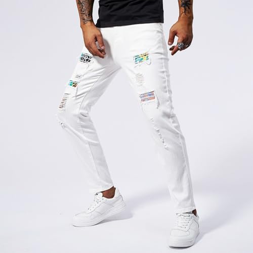 Jeans Pants Trousers Denim White Street Trendy Stretch Slim Fit Piercing Wear and Tear Out Tassel Edge Worn Hole Printed Casual Straight Leg for Men(White,33)4