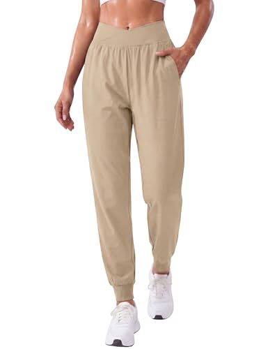 BMJL Womens Lightweight Active Pants - Cross Waist High Rise Joggers for Travel & Fitness - Thin Breathable Quick Dry Athletic Sweatpants(X-Large Khaki)
