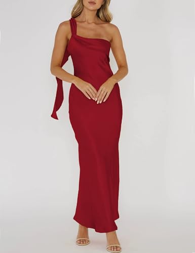 Image of 2026 Satin One Shoulder Maxi Dress for Women Summer Silk Formal Elegant Backless Ruffle Sleeveless Wedding Guest Dresses