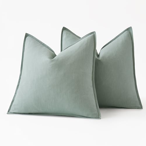 Image of MIULEE Decorative Linen Pillow Covers 18x18 Inch Aqua Green Boho Farmhouse Neutral Spring Couch Throw Pillows for Bed Pack of 2 Accent Modern Pillowcase Summer Sofa Livingroom Home Decor