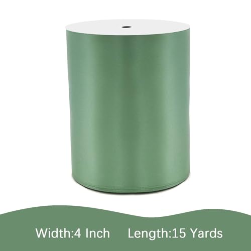 Image of Sage Green Satin Ribbon 4 inch X 15 Yards Polyester Ribbon for Gift Wrapping Very Suitable for Weddings Party Hair Bow Invitation Decorations and More