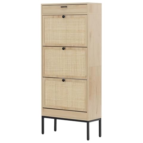 XIAO WEI Shoe Cabinet, Natural Rectangular Rattan Shoe Storage Organizer Cabinet with 3 Flip Drawers, Freestanding Shoe Rack with Adjustable Shelf for Entryway Cover