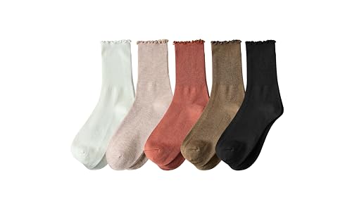 Women Ruffle-Wool Lettuce Edge Ruffle Ankle Socks for Women, Cozy Knit Turn-Cuff Crew Socks with Frills, Casual Warmth and StyleCuff Socks, Black, Tan, Orange, White, Dark Brown, One Size