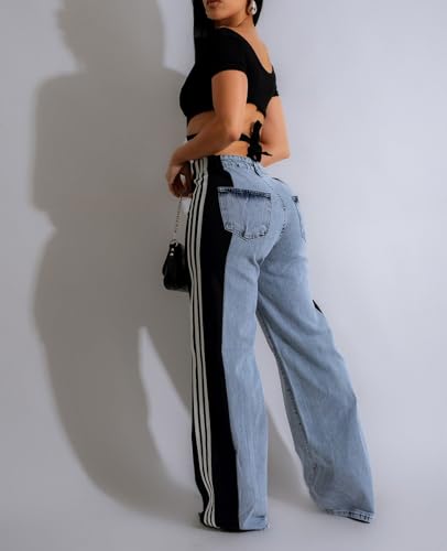 Women's Jeans Trendy Wide Leg High Waist Striped Stretch Casual Loose Fit Long Pants Blue Black S3