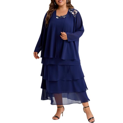 Plus Size Chiffon Mother of The Bride Layered Dress with Jacket 2 Piece Set Decal Designs Formal Wedding Guest Attire4