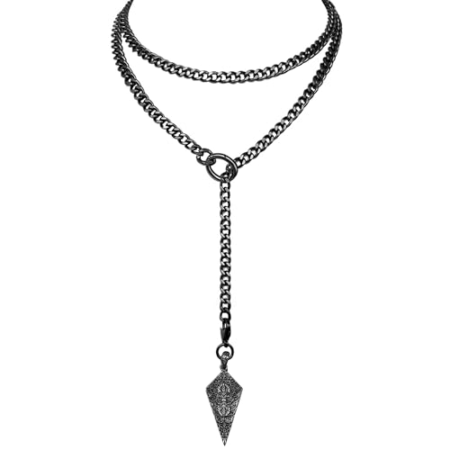 EverGlimp Knights Shield Slip Chain Choker with Diamond Relief Pendant Adjustable Long Y-Lariat Necklace for Women in Black PVD Stainless Steel 39