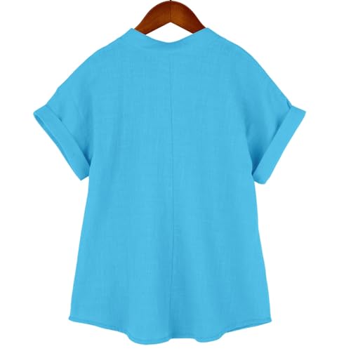 Cotton Linen Shirt for Girls Short Sleeve V Neck Dressy Casual ð—›enley Shirts Trendy Tunic Blouse School Uniform Shirt3