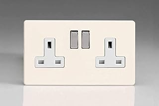 Varilight Primed Ready to Paint Flat Plate Screwless 2 Gang 13 Amp Switched Plug Socket - White Inserts