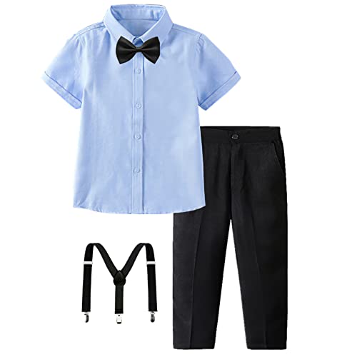 Image of amropi Boy Tuxedo Outfit 5-Piece Long Sleeve Bow-Tie Shirt and Suspender Pants Set for Age 1-13 Years