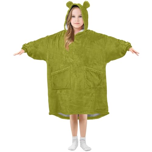 S Husky Olive Kids Wearable Blanket Hoodie with Pocket and Sleeves for Toddlers, Cute Hoodies 3-14 Year Girls Boys Olive
