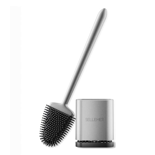 Sellemer Brosse WC Silicone, Balai WC Montage Mural/au Sol, avec Support Ventilé à Séchage Rapide, Brosse Plate pour Toilette de Salle de Bain(Argenté)
